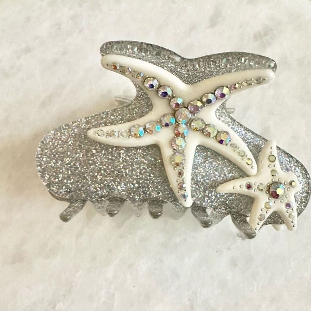 Mermaid Starfish Rhinestone Hair Claw Clip | White & Silver Glitter Coastal